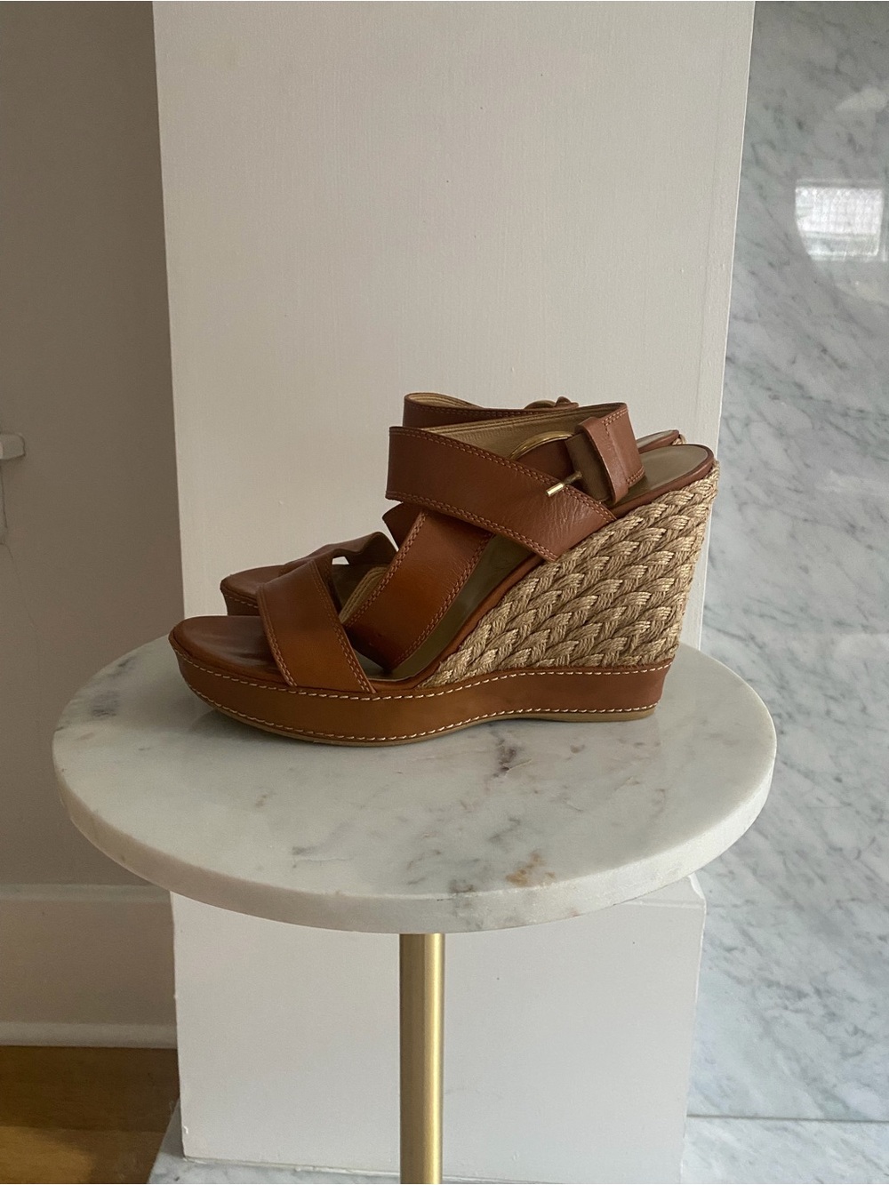Stuart Weitzman Tan Leather Espadrille Wedge Sandals